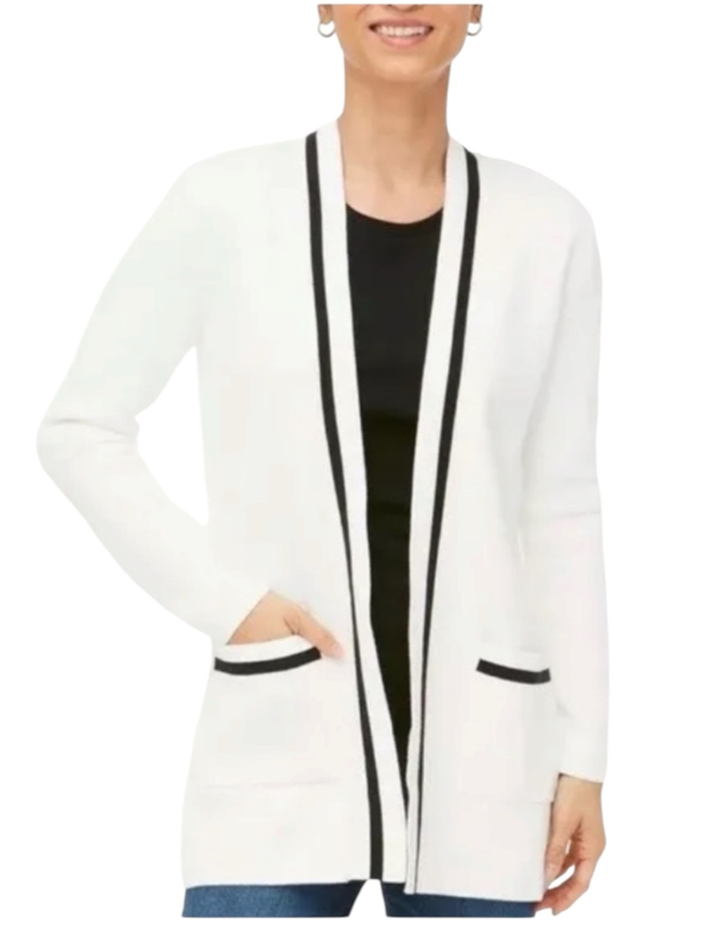 J Crew White Cotton Knit Open Cardigan w/ Black Trim on Edge and Pockets - Large